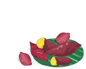 Isolated  whole and a half steamed yellow sweet potato on banana leaves. Food ingredients vector illustration on white background. Close up steamed potato hand drawing vector.