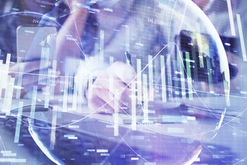 Double exposure of man and woman working together and financial theme hologram. international business concept. Computer background.