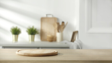 Desk of free space and kitchen interior 