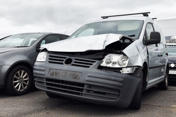 Badly Damaged Van Right Off In Commercial Vehicle Recycling Or Insurance Pound - obrazy, fototapety, plakaty
