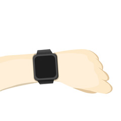 Black smartwatch on the left wrist on isolate white background. Flat design vector.
