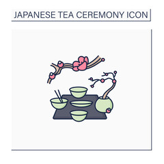 Kaiseki color icon. Traditional multi-course Japanese dinner. Ancient Japanese ceremony. Different ware, bonsai trees. Sakura twig. Tea ceremony concept.Isolated vector illustration