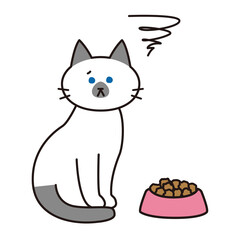 キャットフードに不満がある表情をしたシャム猫