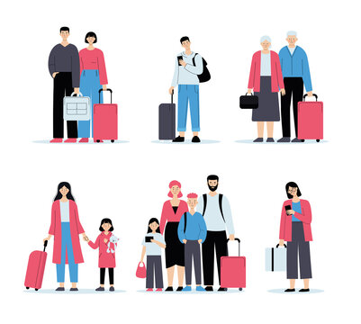 People at the airport with baggage. Check-in queue, family travel, business travel. Vector illustration in flat style isolated on white background