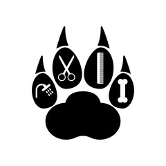 Dog grooming logo design template. Dog pawprint with comb, scissors, shower and bone. Vector clipart and drawing. Isolated illustration on white background.