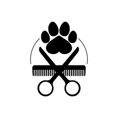 Dog grooming logo design template. Dog pawprint with comb and scissors. Vector clipart and drawing. Isolated illustration on white background. - obrazy, fototapety, plakaty