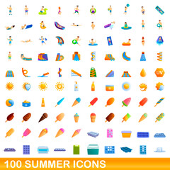 100 summer icons set. Cartoon illustration of 100 summer icons vector set isolated on white background