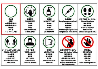 コロナ関連のピクト集です。日本語・英語・中国語・韓国語・タイ語・インドネシア語
