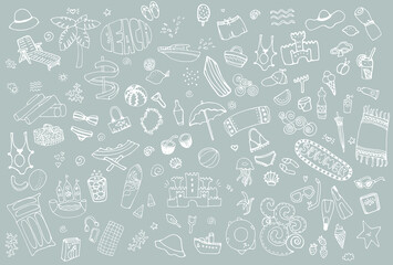 Big set of hand drawn cute cartoon summer symbol and objects for wrapping, package, poster, web design, fabric. illustration isolated over grey background
