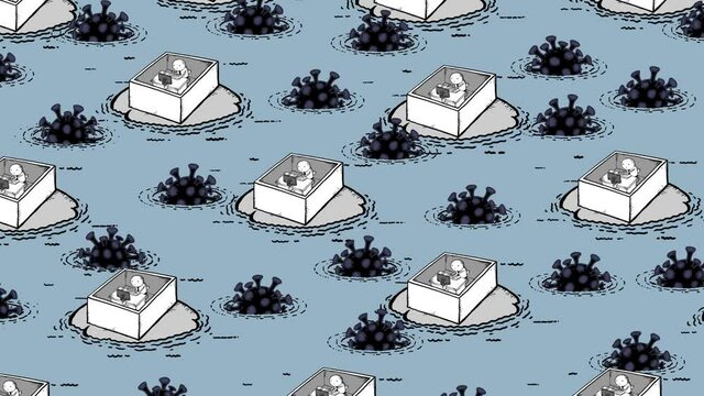 Remote work of employees in cubicles on desert island and covid-19 sea mines. Coronavirus remote work and isolation metaphor. Global lockdown and social distance.