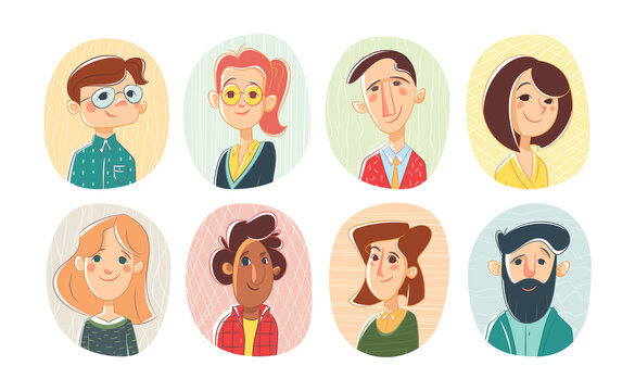 Set different person portrait diverse business team vector flat illustration. Collection of people avatars isolated. Bundle of joyful smiling colleagues. Man and woman faces round frame. Cartoon style
