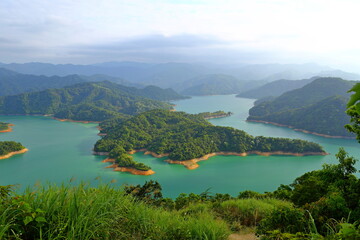 View from Crocodile Island Observation Deck at Feitsui Reservoir in Shiding District, New Taipei, Taiwan.