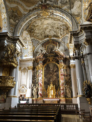 Oppulent Bavarian Baroque and rococo interior style architecture inside Roman Catholic church or...