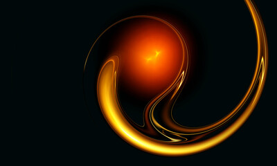 Shiny glossy twirl on black. Red hot star or sun with tail. Hearth of galaxy. Speed of light. Sound of the universe. Power of cosmos. Great as backdrop design element print or banner. 