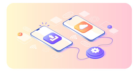 Downloading, transferring information. Program for remote connection between phones. Business organization. Database with cloud server, Data set, process, classification, database. Web banner