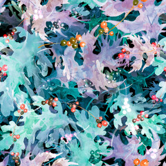 seamless watercolor pattern of autumn leaves.purple, pink, lilac maple and oak leaf. berry branch, lingonberry, currant.stylish pattern. Abstract paint splash. Vintage Paper Background. autumn leaf. 

