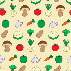 Seamless pattern with doodle style vegetables. Print for wallpaper, wrapping paper, textile background. Hand drawn illustration, good nutrition style. Vegetarian healthy, natural and organic food