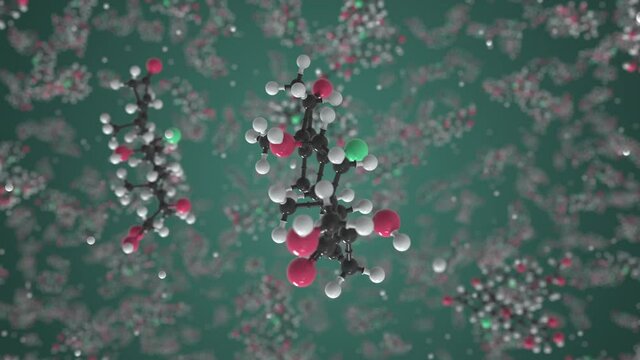 Molecule of generic fludrocortisone. Molecular model, looping seamless 3d animation