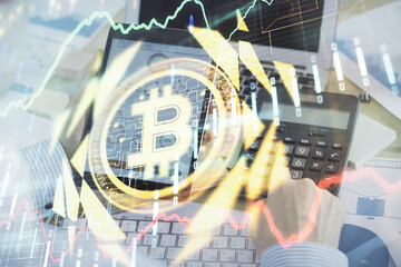 Double exposure of man's hands holding and using a phone and crypto currency blockchain theme drawing.