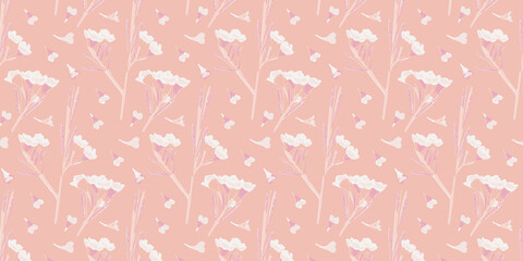 Coral Beige Baby Print Textile Pattern and Wallpaper with Detailed Hand-drawn Flowers