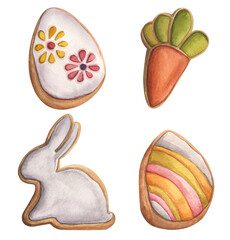 Watercolor illustration of 4 gingerbreads with glazing isolated on white background. Traditional holiday hand drawn Easter meal. Cookies in form of a rabbit, a carrot and eggs.