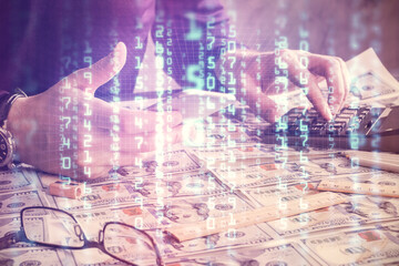 Multi exposure of man's hand holding and using a digital device and data theme drawing. Innovation concept.