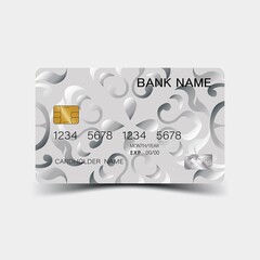 Credit card. With silver elements desing. And inspiration from abstract. On white background. Glossy plastic style. 