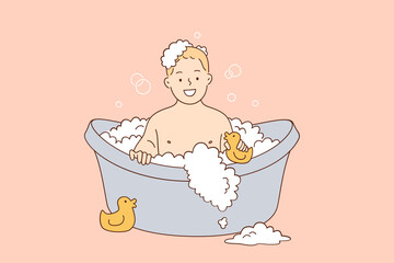 Hygiene and care for children concept. Happy laughing boy kid taking bath playing with foam bubbles.sitting in bathroom vector illustration 