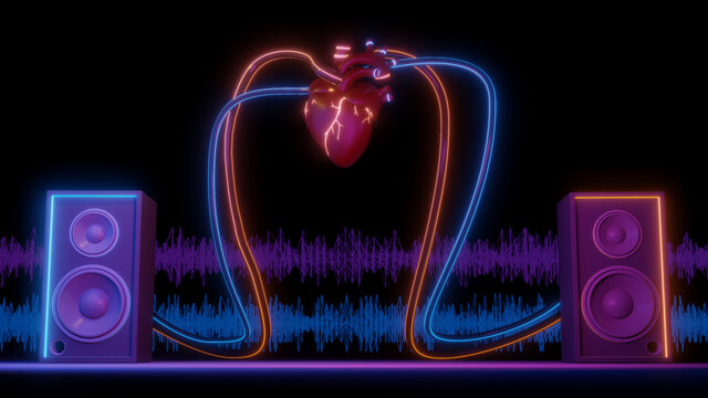 Music art concept create from heart speaker system on brack drop , work space or backgroung art. 3D rendering.