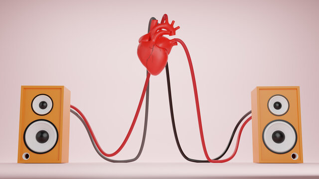 Music art concept create from heart speaker system on brack drop , work space or backgroung art. 3D rendering.