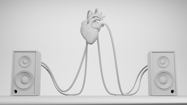 Music art concept create from heart speaker system on brack drop , work space or backgroung art. 3D rendering.