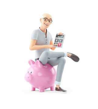 3d senior man sitting on piggy bank with calculator