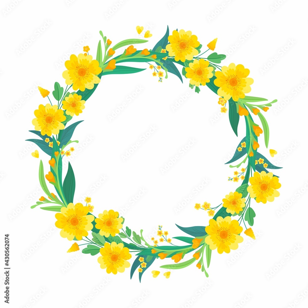 Wall mural yellow floral blank border for social media post, greeting card design. round empty frame with sprin