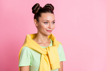Profile side photo of charming serious woman look empty space wear jumper on shoulders isolated on...