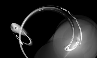 Black and white space spheres and light drawing in digital 3d illustration. Cosmic background. Sound of the universe, music of spheres, ambient flow in monochromatic representation. 