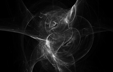 Fictional 3d smoke or white cloud rushing in dark. Circulation of smog on black. Magical spirit in minimal digital monochromatic illustration. Great as design element backdrop blank or wallpaper.
