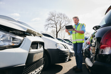 Male Loss Adjuster Taking Photo On Digital Tablet To Assess Insurance Claim In Car Pound