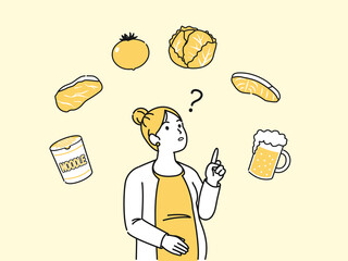 妊娠中の食生活について　食べ物　妊婦　疑問　イラスト素材