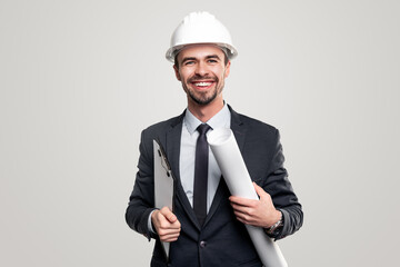 Cheerful architect in hardhat with blueprints