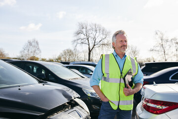 Mature Male Loss Adjuster With Digital Tablet Assessing Insurance Claim In Car Pound