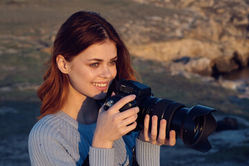 cheerful woman outdoors photographer landscape travel professional