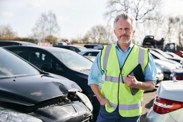 Portrait Of Mature Male Loss Adjuster With Digital Tablet Assessing Insurance Claim In Car Pound