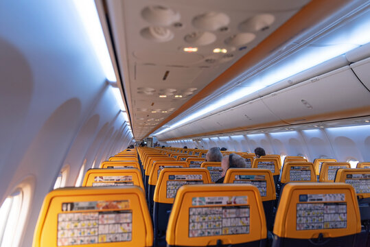 Nearly empty Ryanair aircraft because of Covid 19 restrictions is about to depart from Gdansk Airport.