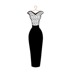 Beautiful lace dress on a hanger. Evening little black dress. Vector silhouette for decorating flyer, postcard or label