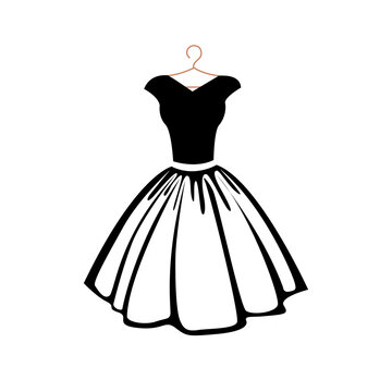 Beautiful little black dress on a hanger. Evening wear. Vector clothing silhouette for decorating flyer, postcard or label