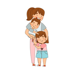 Young Mother Embracing Her Kids as Family Relations Vector Illustration