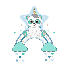 Cute cartoon animal panda on the rainbow. Vector illustration. Perfect for greeting cards, party invitations, posters, stickers, kids clothing.