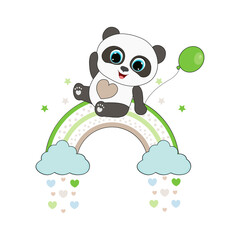 Cute cartoon animal panda with balloon on the rainbow. Vector illustration. Perfect for greeting cards, party invitations, posters, stickers, kids clothing.