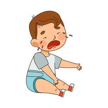 Cute Infant Boy in Diaper Sitting on the Floor and Crying Vector Illustration