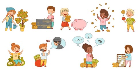 Little Children Carrying Money on Bank Deposit and Counting Cash Vector Set